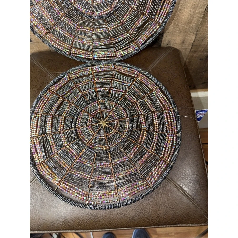 Set Hand Beaded Round Placemat Metallic Glass Seed Bead Spiderweb Starburst‎ Mat